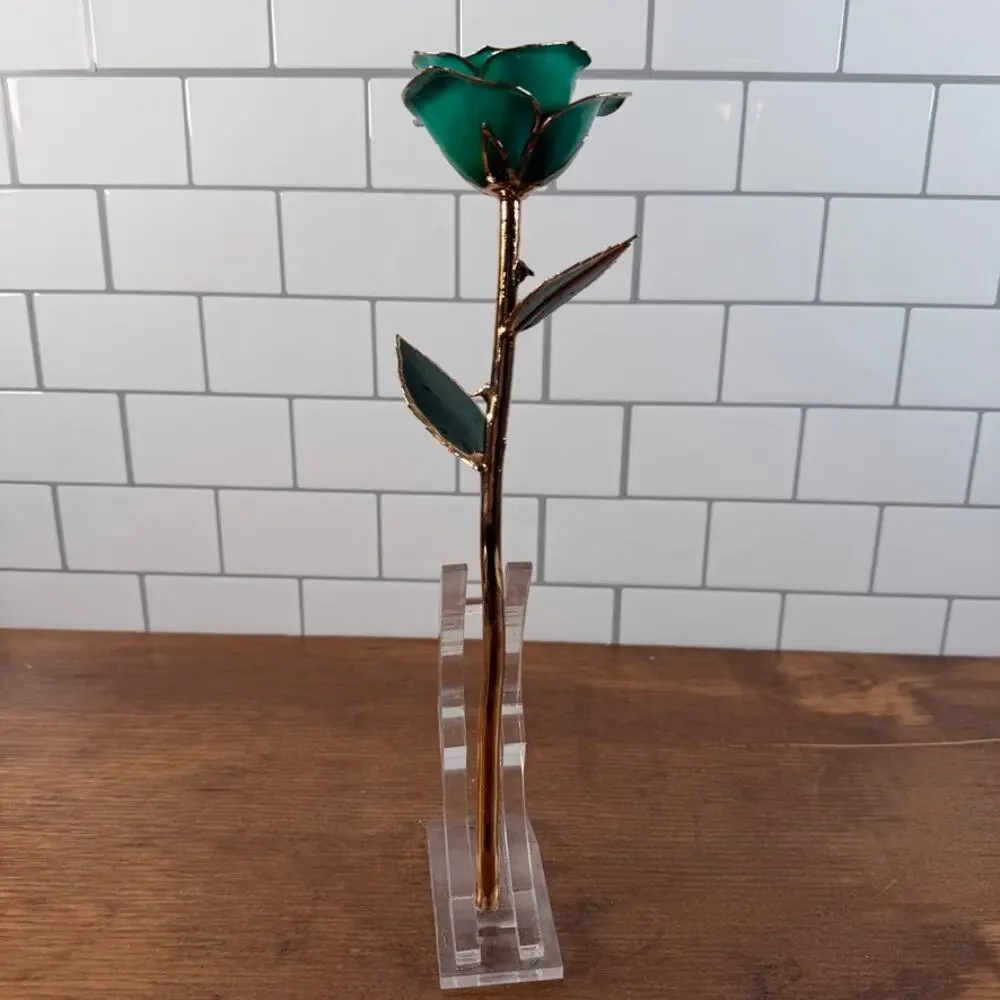 DeFaith 24k Gold Dipped Lacquered Green Rose with Acrylic Stand